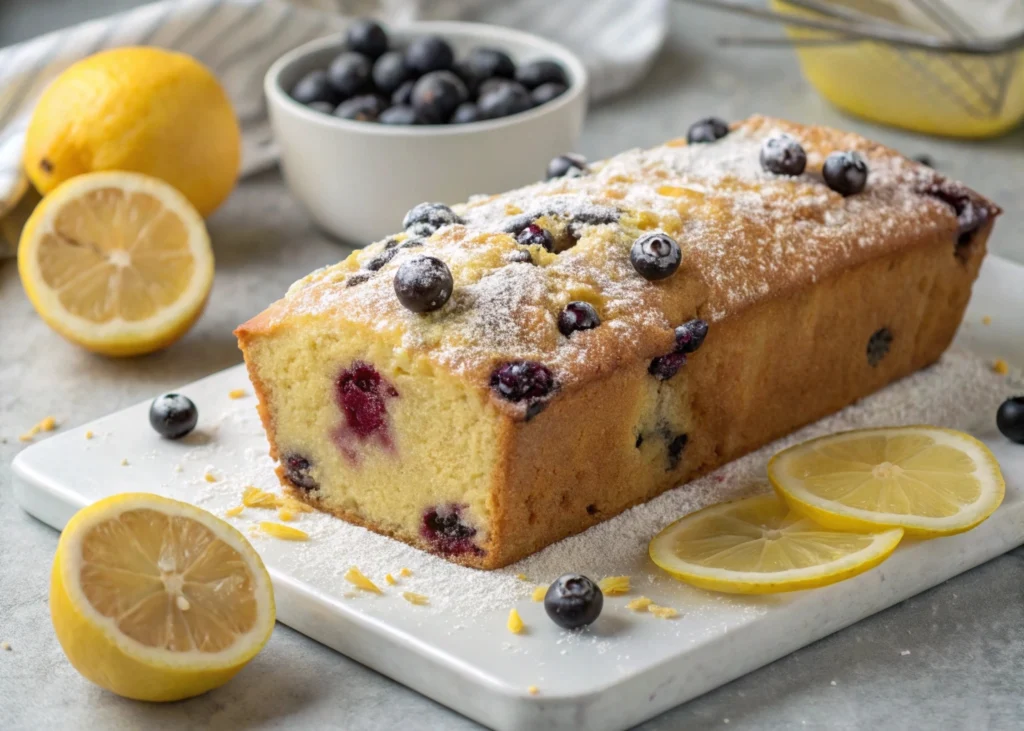 Freshly baked lemon blueberry pound cake topped with a glaze and garnished with blueberries and lemon slices