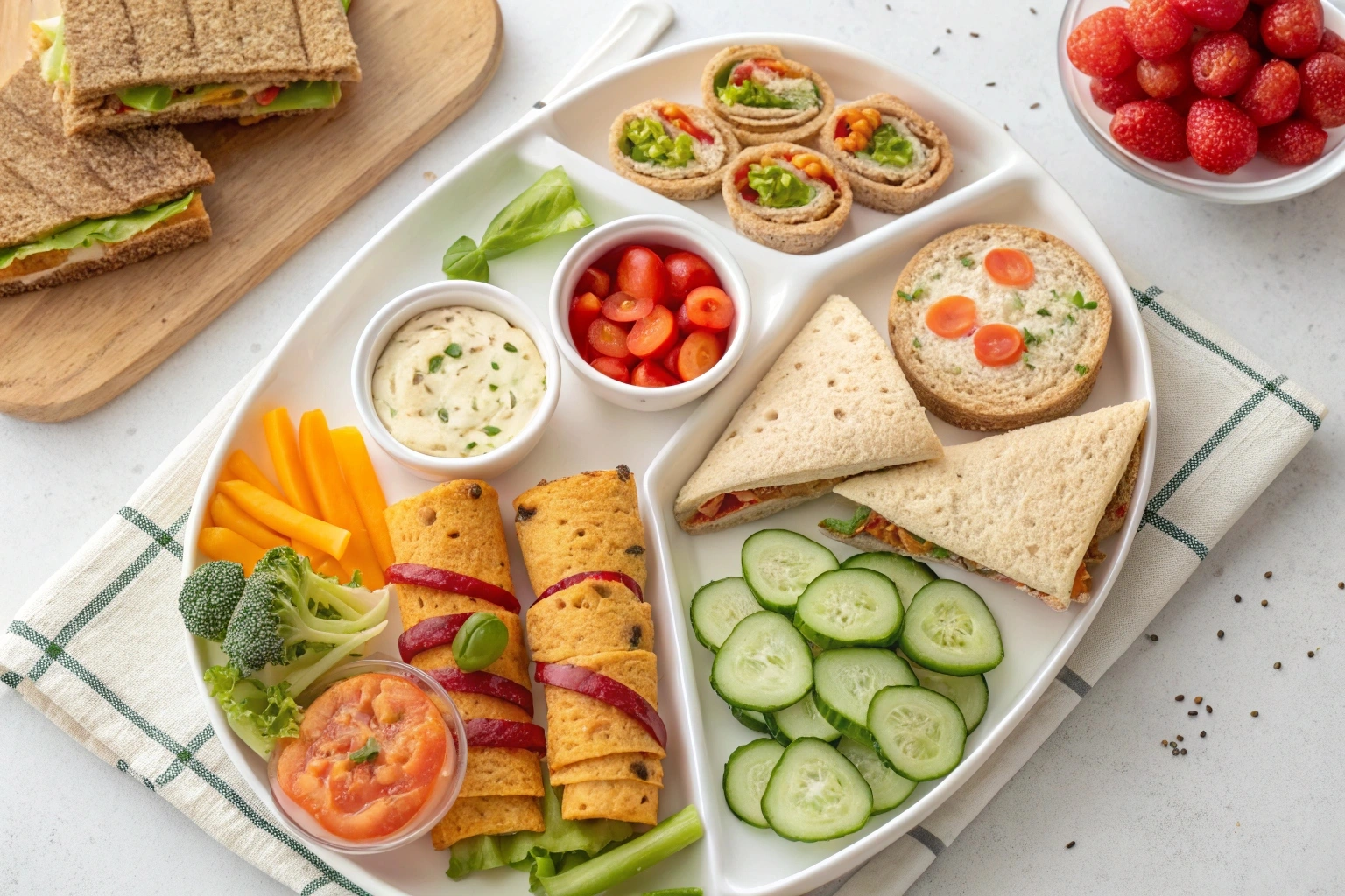 Mini veggie pizzas with colorful toppings like bell peppers, tomatoes, and cheese, served on whole-grain bases