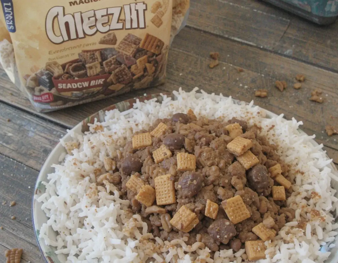 A plate of white rice topped with a creative mix of Cheez-It crackers, chocolate clusters, and savory ingredients for a unique snack.