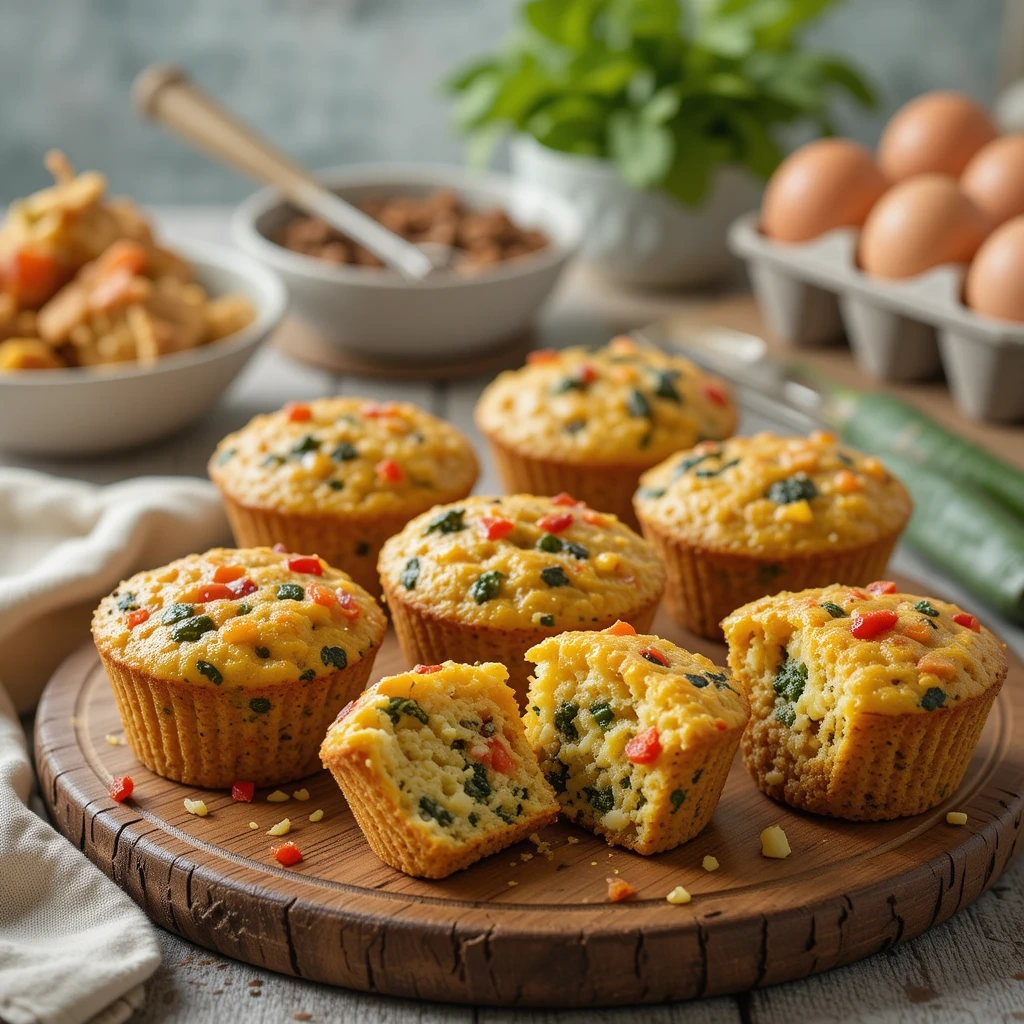 Freshly baked veggie-packed egg muffins with spinach, bell peppers, and cheese, served on a rustic wooden plate with herbs.

