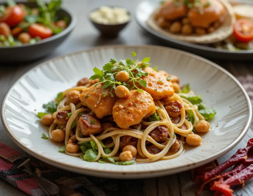 A plate of spaghetti topped with chicken and chickpeas, garnished with fresh parsley.