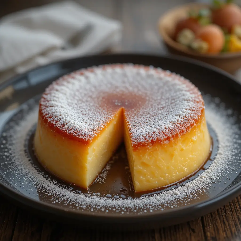 A perfectly baked Puerto Rican flan dusted with powdered sugar and a slice removed to reveal its creamy interior.