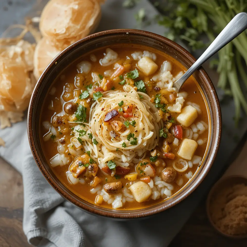 A bowl of French onion soup rice with mixed vegetables, pasta, and fresh herbs.