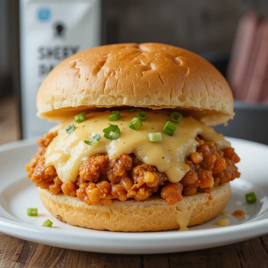 A family enjoying cheesy chicken sloppy joes at the dinner table.