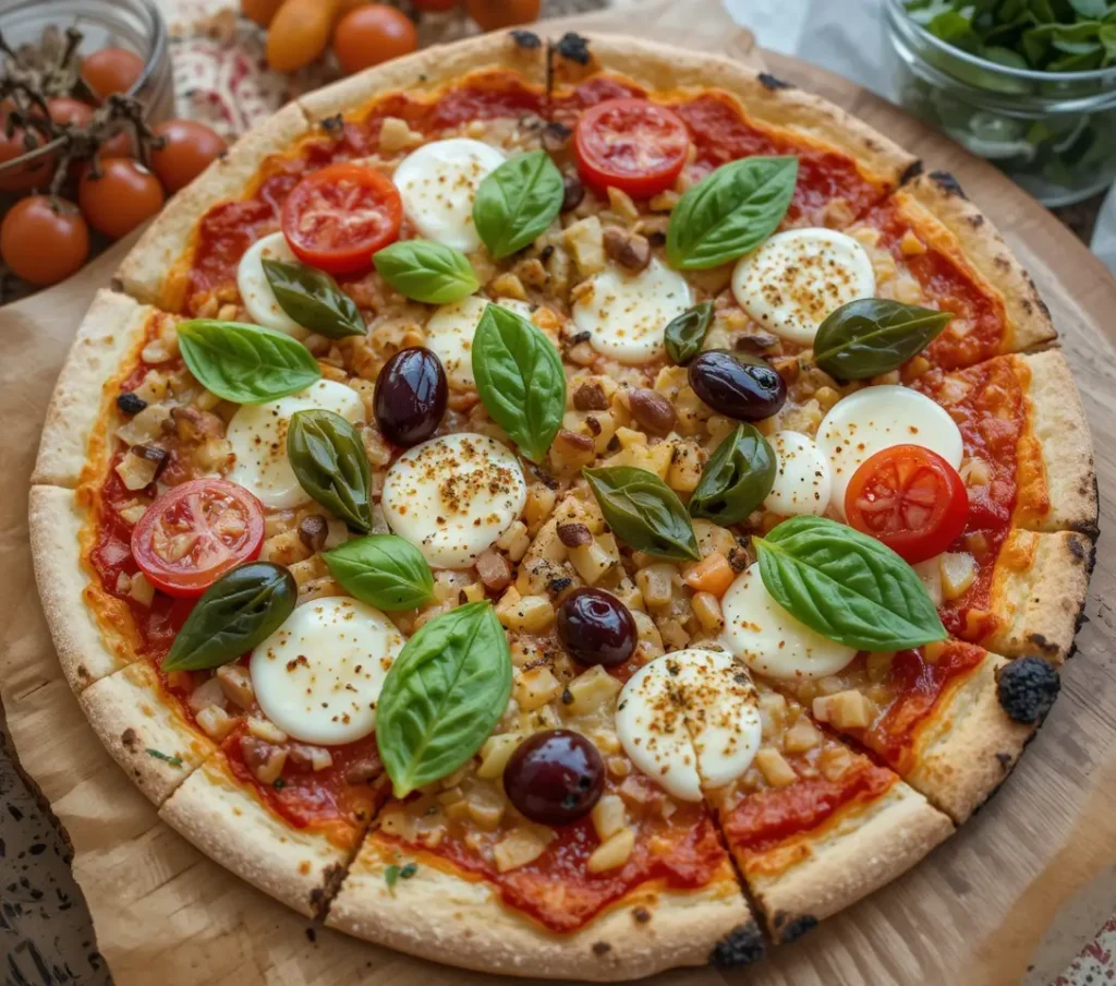 Homemade pizza with a golden crust, topped with tomato sauce, cheese, and a mix of scallops, sausage slices, and fresh parsley.