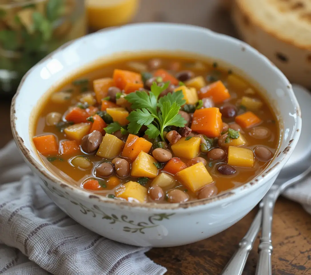 A bowl of recipe squash and kidney beans stew garnished with chopped parsley, served alongside crusty bread.