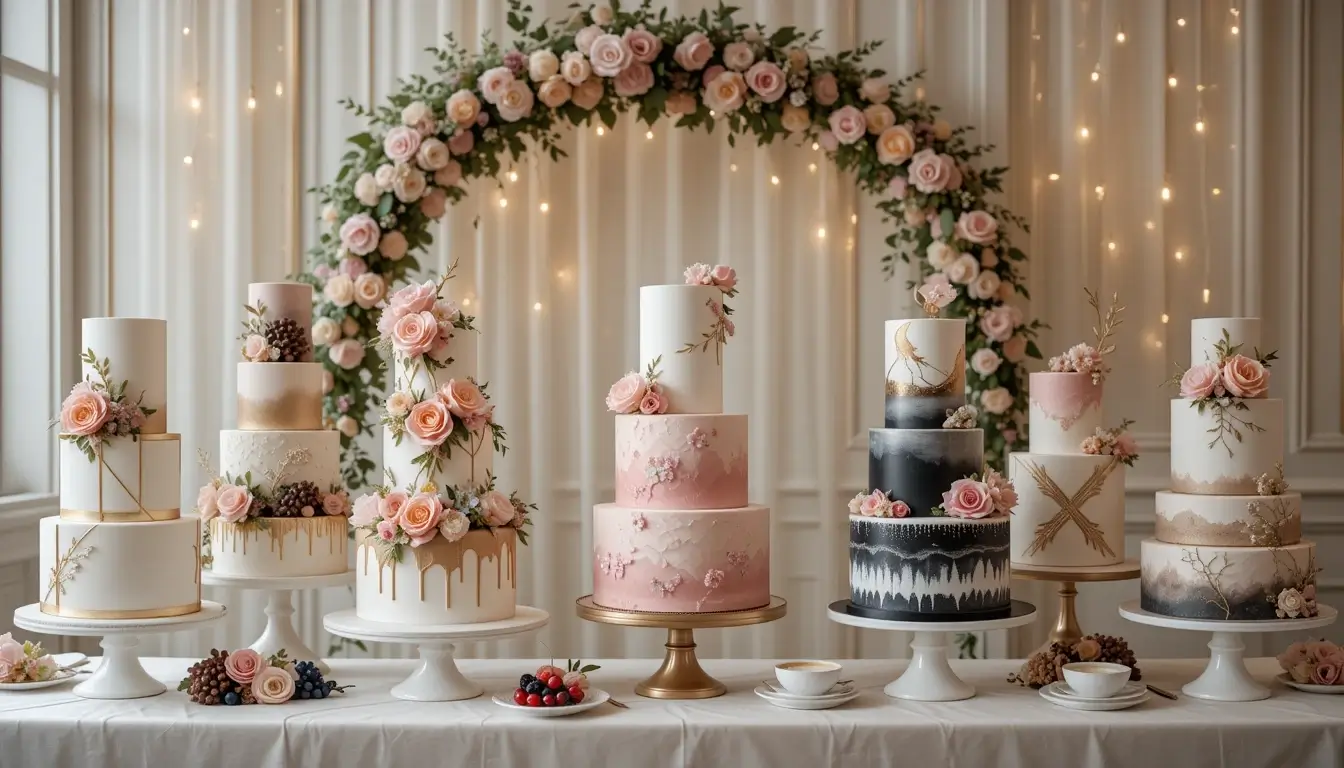 Elegant three-tier wedding cake with floral decorations and gold accents, displayed at a modern wedding reception