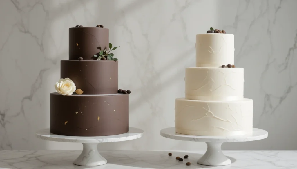 A modern minimalist wedding cake duo featuring a classic vanilla bean cake with a smooth white finish and a dark chocolate espresso cake with a sleek design.