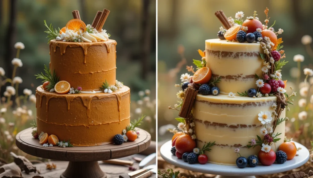 A rustic and nature-inspired wedding cake duo featuring a spiced pumpkin cake with earthy decorations and a lemon elderflower cake topped with fresh berries.