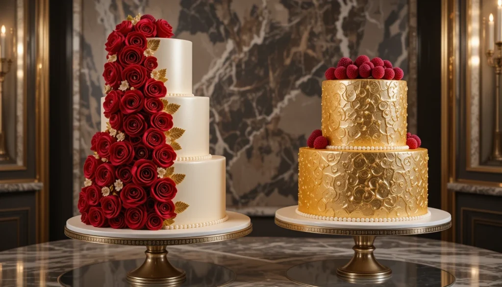 A glamorous and luxurious wedding cake duo featuring a red velvet cake with cream cheese frosting and a sparkling lemon cake with raspberry filling.