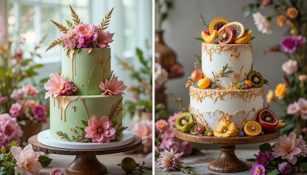 A bohemian and artistic wedding cake duo featuring a matcha green tea cake with natural accents and a coconut lime cake filled with vibrant tropical fruits.