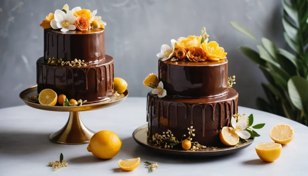 An eco-friendly and sustainable wedding cake duo featuring a rich vegan chocolate cake and a gluten-free almond cake topped with citrus glaze.