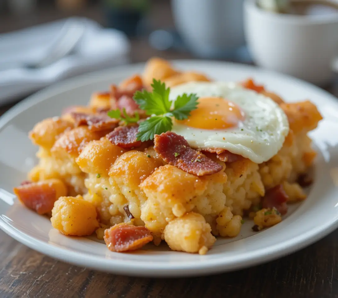 Tater tot breakfast casserole fresh out of the oven