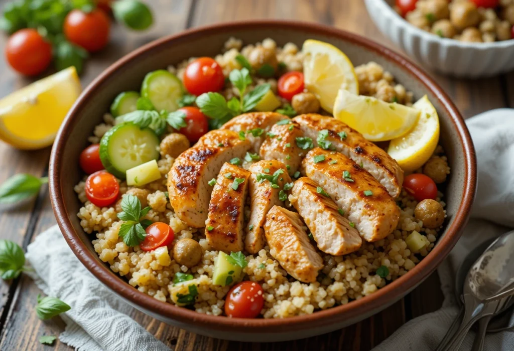 A healthy chicken quinoa bowl with grilled chicken, quinoa, colorful vegetables, and a light dressing.