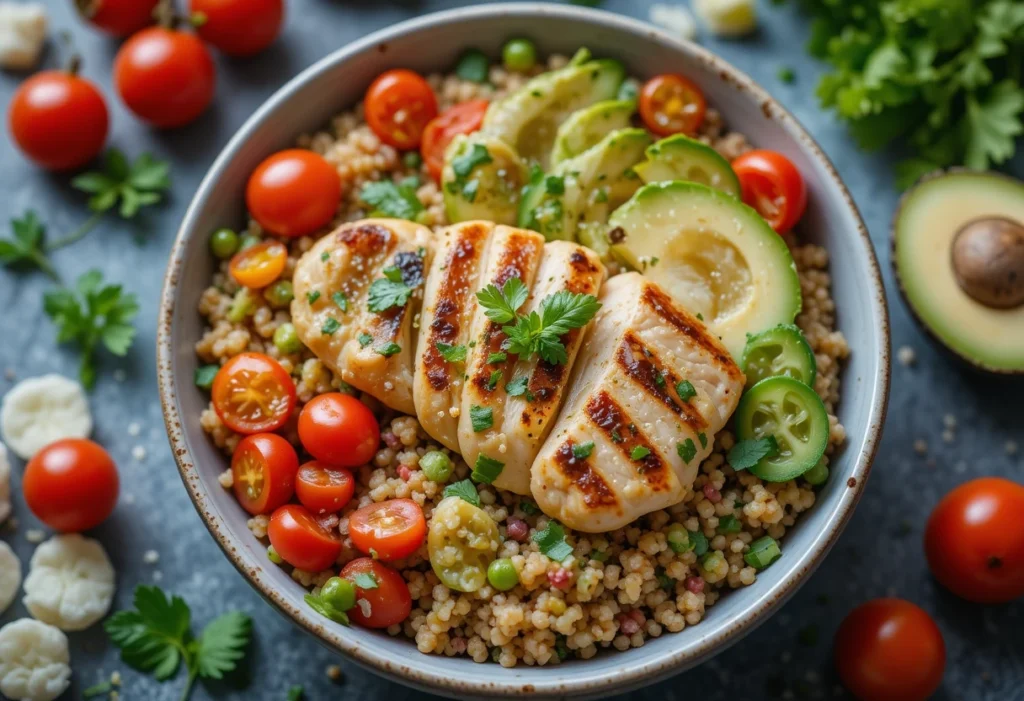  A vibrant chicken quinoa bowl featuring grilled chicken, quinoa, fresh vegetables, and a drizzle of dressing, highlighting the benefits of the dish.