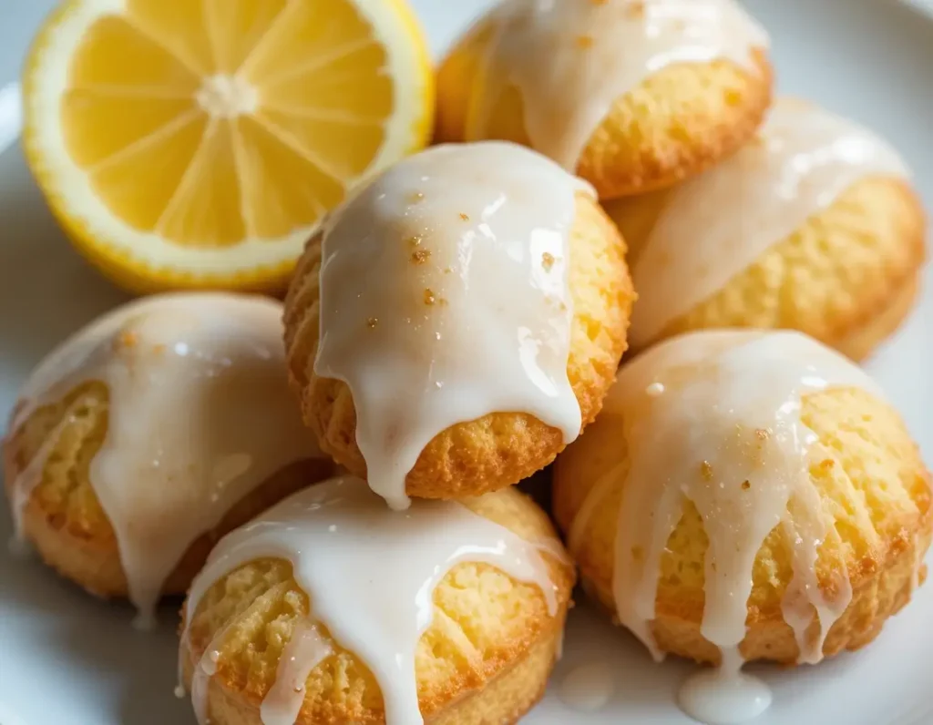 Madeline cookies recipe using cream displayed on a white plate with a light dusting of powdered sugar.