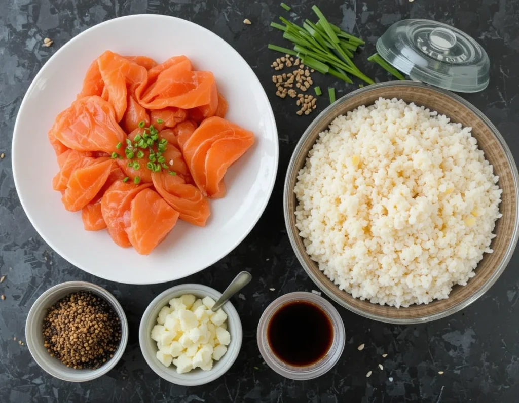 Savory and creamy salmon sushi bake with a golden, crispy top.