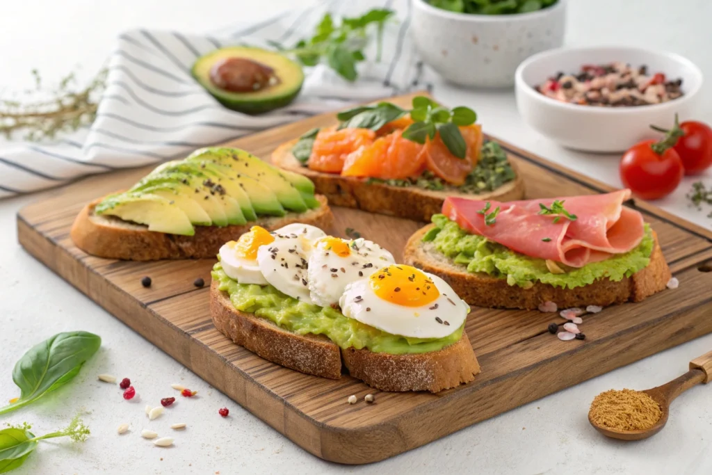 Savory breakfast toast ideas with toppings like avocado, eggs, cheese, and vegetables.