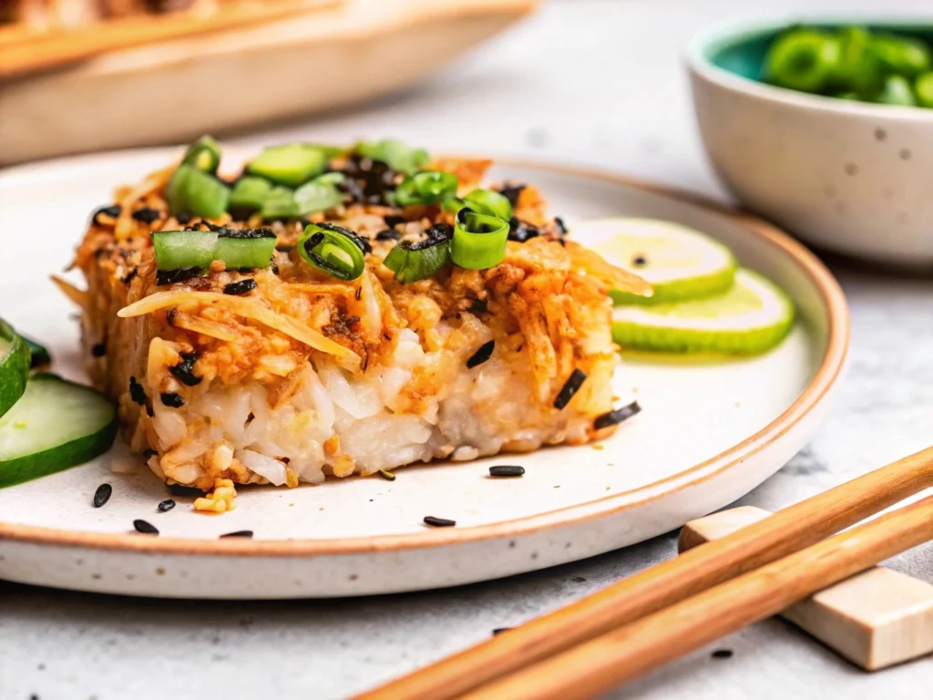 Delicious salmon sushi bake with creamy layers and crispy nori.