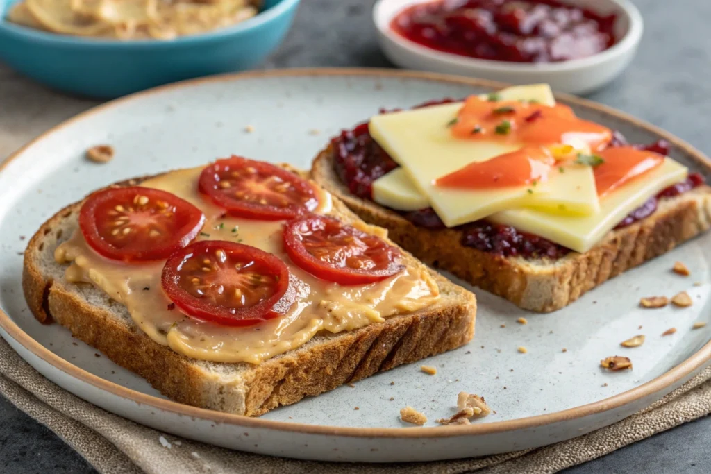 Peanut butter and jelly toast topped with creamy peanut butter and vibrant fruit jelly.