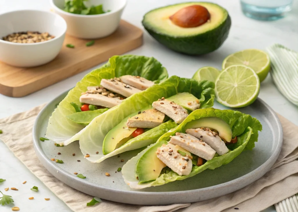 Turkey and avocado lettuce wraps filled with lean turkey, creamy avocado, and fresh veggies, wrapped in crisp lettuce for a low-carb, protein-packed meal.