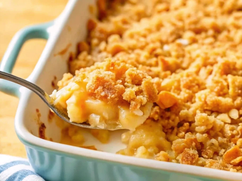 Pineapple casserole baking in the oven with a golden, crispy top.