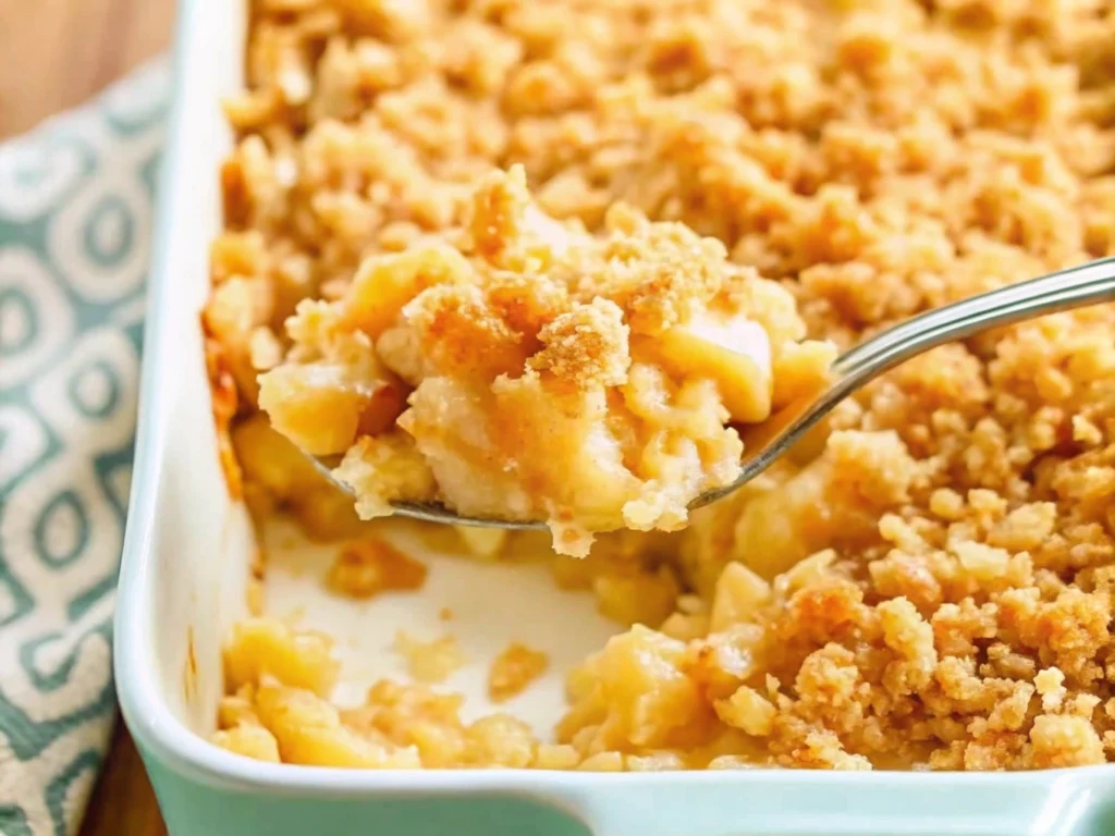 Golden brown pineapple casserole in a baking dish, ready to serve.