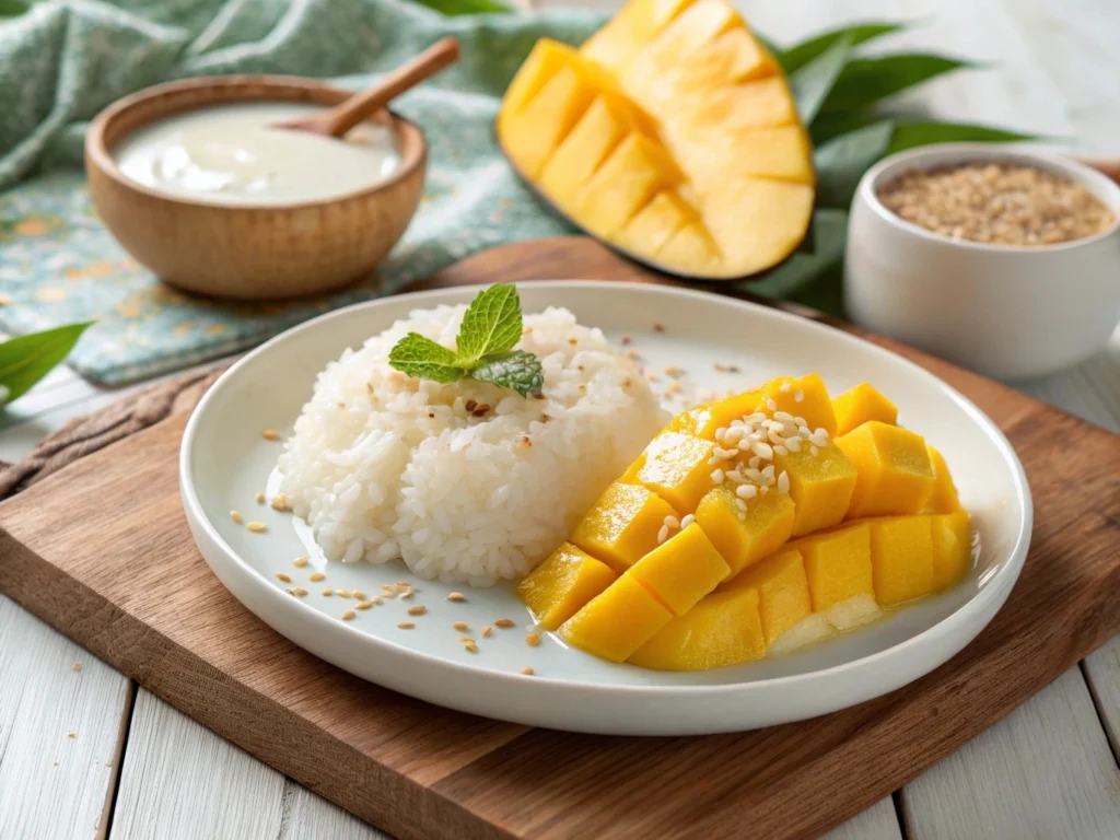 A delicious plate of mango sticky rice, featuring ripe mango slices on a bed of sweet coconut sticky rice.

