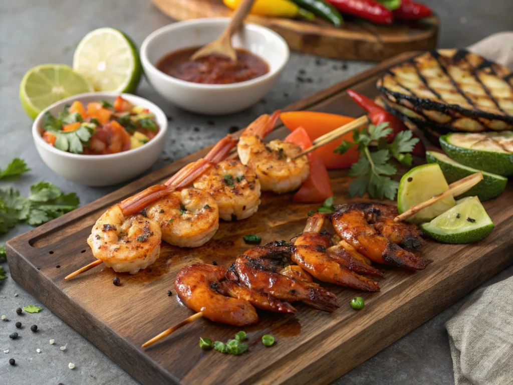 Juicy BBQ shrimp coated in a smoky, tangy sauce, grilled to perfection and served with lemon wedges.