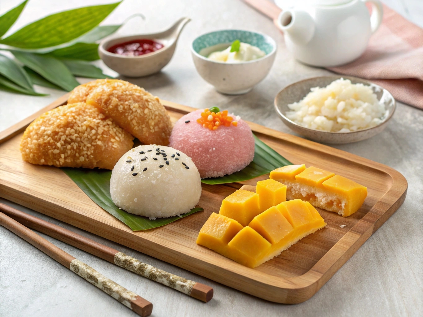 A variety of Asian desserts including matcha cake, sesame balls, and mango sticky rice.