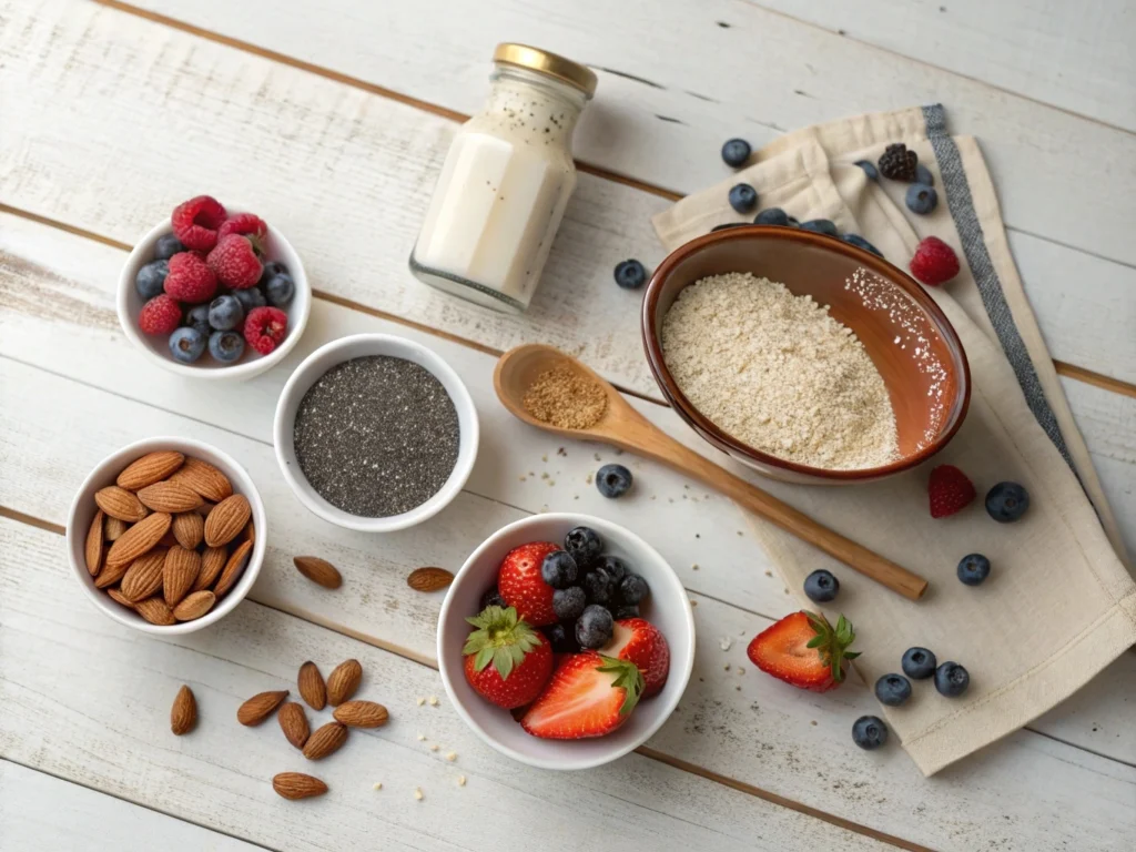 Ingredients for keto oatmeal, including chia seeds, almond flour, coconut milk, and fresh berries

