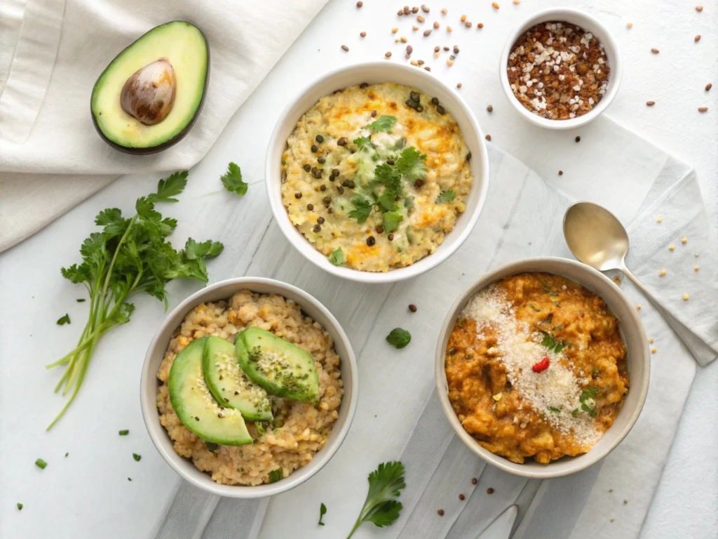 Savory keto oatmeal bowl with avocado, cheese, and herbs for a low-carb, savory breakfast option.

