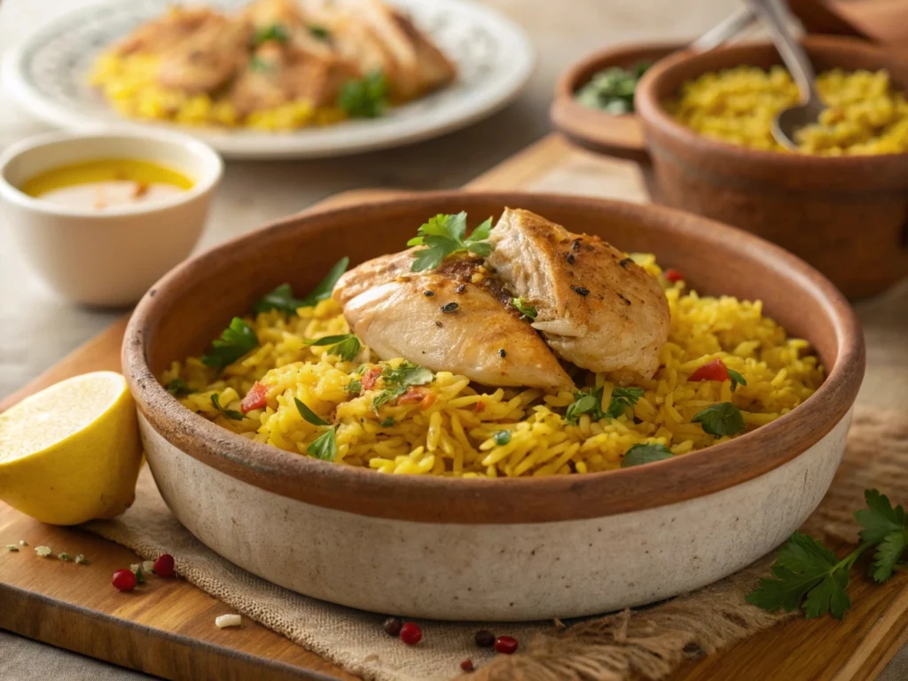 A flavorful plate of chicken and yellow rice, garnished with fresh herbs