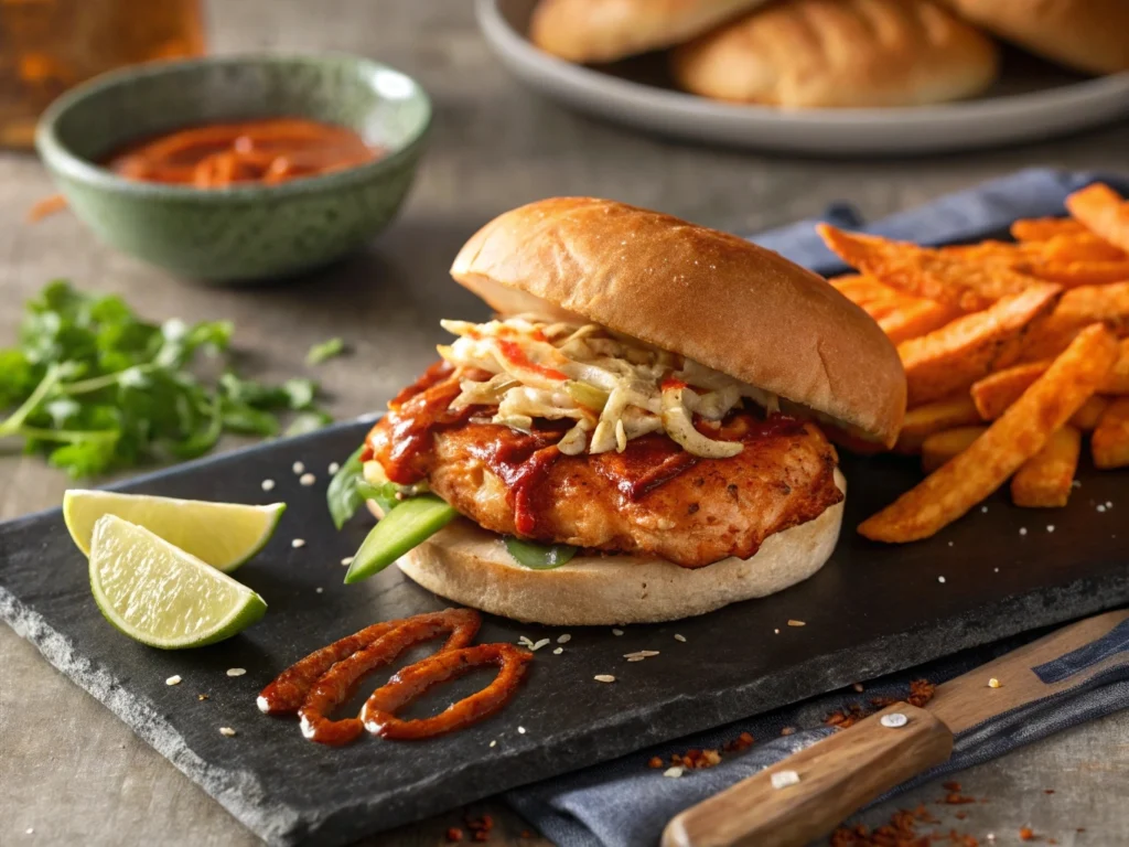 A spicy BBQ chicken sandwich with zesty sauce, jalapeños, and melted cheese on a toasted bun.

