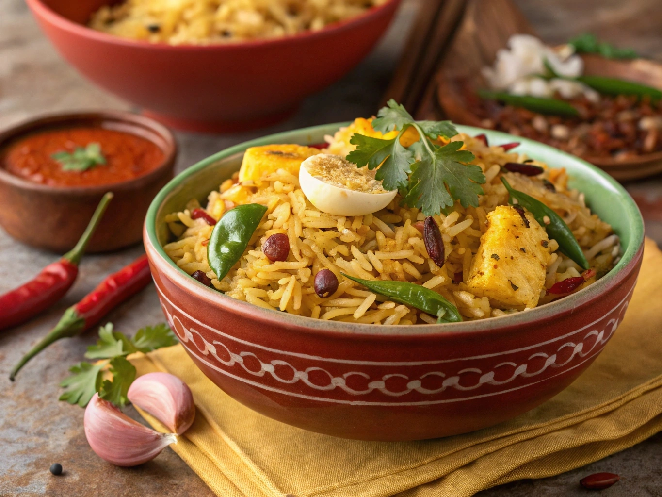 A bowl of Spicy Anjappar Egg Fried Rice with colorful vegetables and a garnish of fresh herbs.