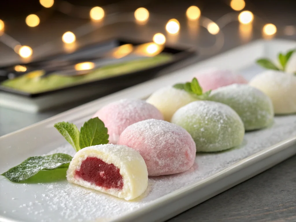 Colorful assortment of mochi with different fillings such as red bean, matcha, and mango.

