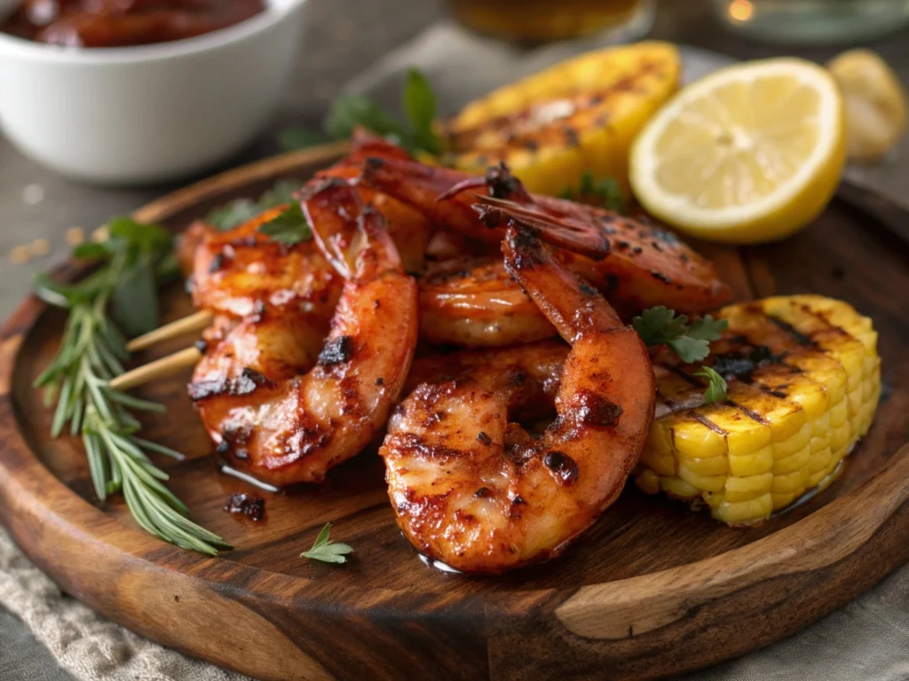 Close-up of succulent BBQ shrimp coated in a smoky BBQ marinade, with grill marks and a tangy finish, served on a rustic wooden platter with fresh herbs and lemon slices.

