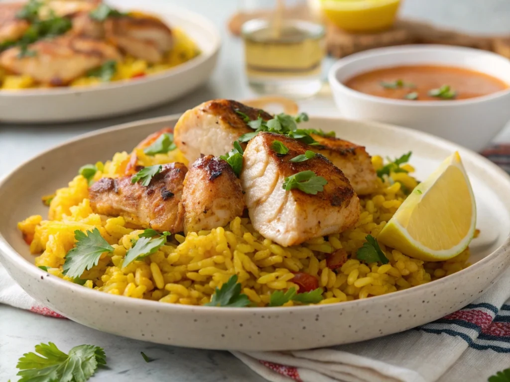 A vibrant serving of chicken and yellow rice, garnished with fresh herbs and spices

