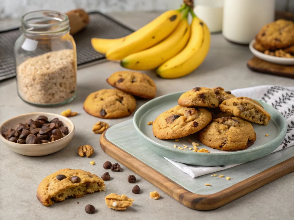 A plate of soft and chewy banana bread cookies with golden brown edges and chunks of banana.