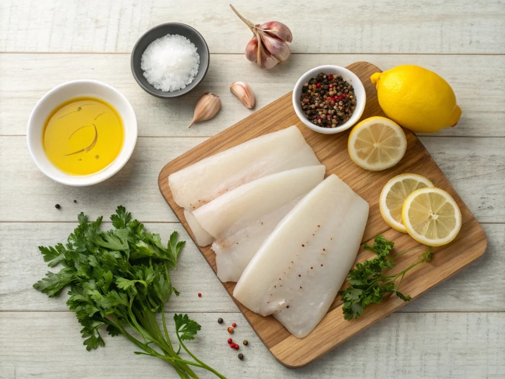 Ingredients for the perfect Grilled Calamari Steak, including fresh calamari, olive oil, lemon, garlic, herbs, and spices.

