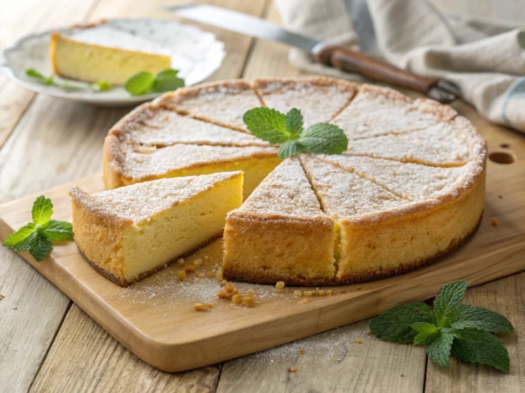 A freshly baked slice of Dutch Butter Cake (Boterkoek), golden and buttery

