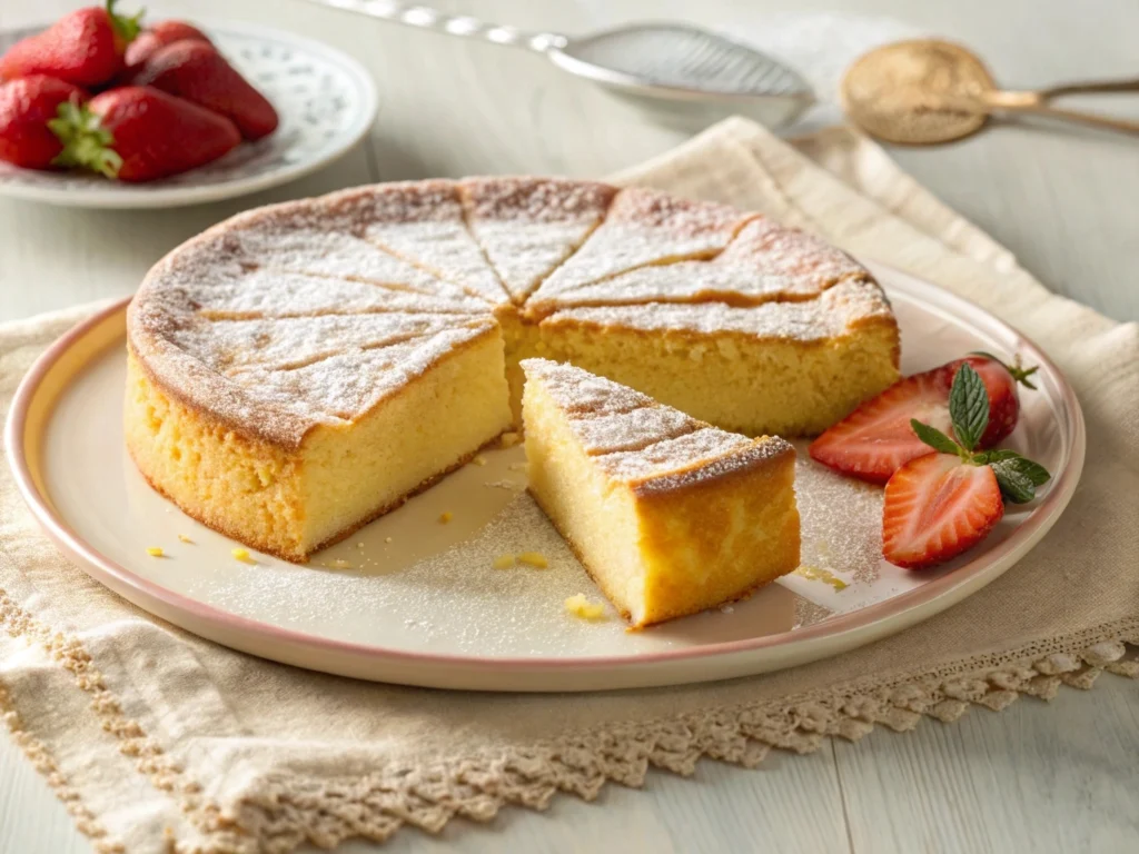 A delicious serving of Dutch Butter Cake (Boterkoek) with a golden, flaky crust

