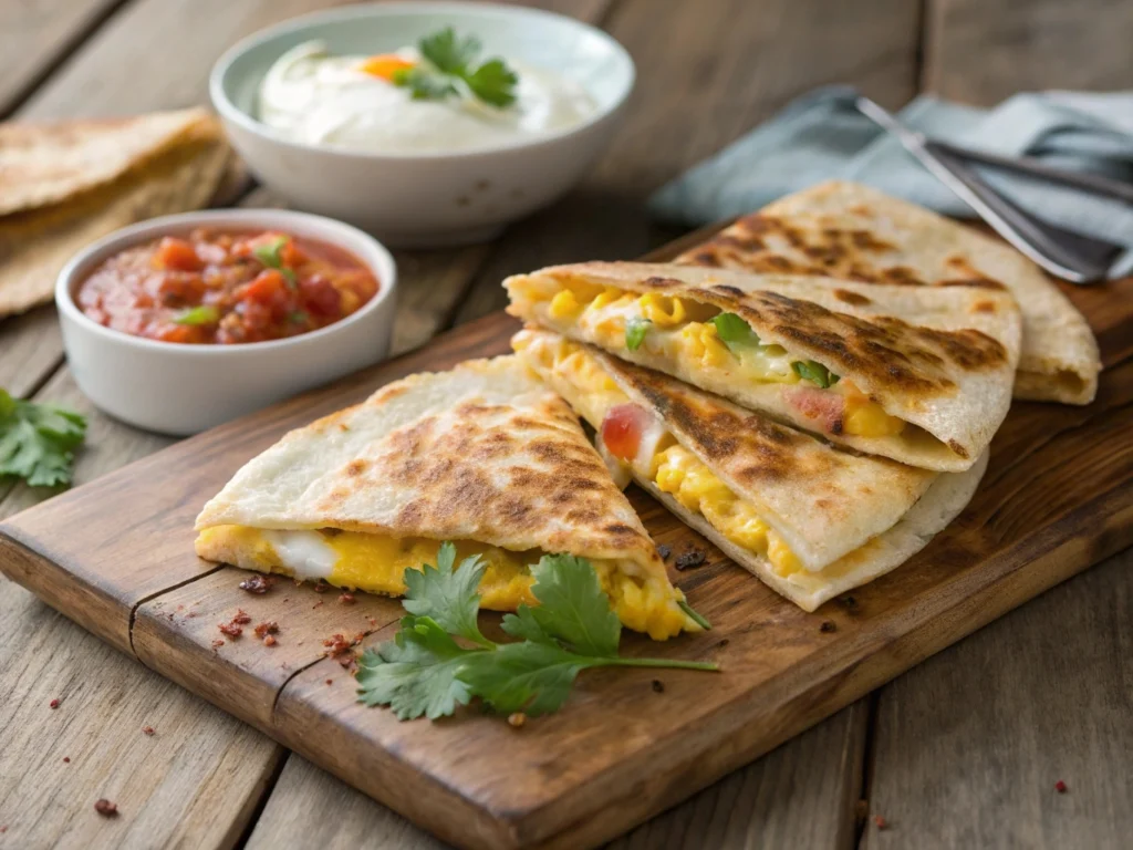 A delicious fried egg quesadilla filled with melted cheese, fresh ingredients, and a golden fried egg on top.