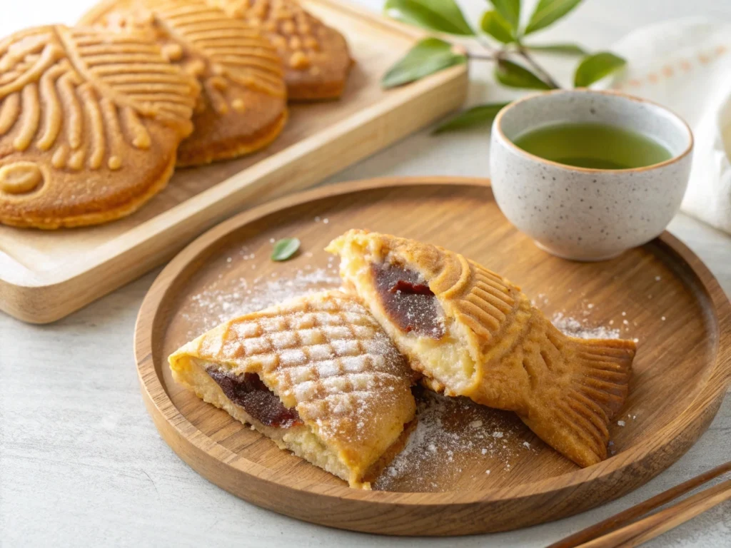 Golden-brown taiyaki, a fish-shaped Japanese pastry filled with sweet red bean paste.

