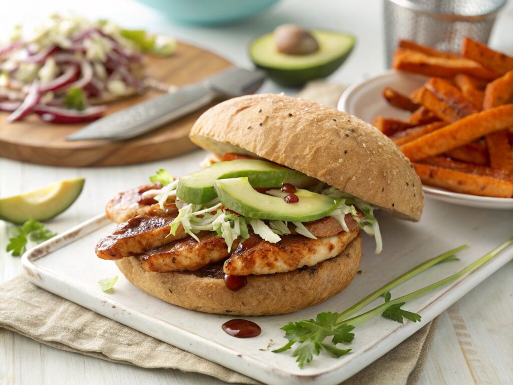 A healthier made with grilled chicken, whole wheat bun, and fresh veggies.

