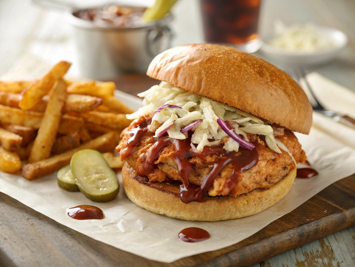 A delicious BBQ chicken sandwich with tender grilled chicken, tangy BBQ sauce, and fresh toppings on a soft bun.