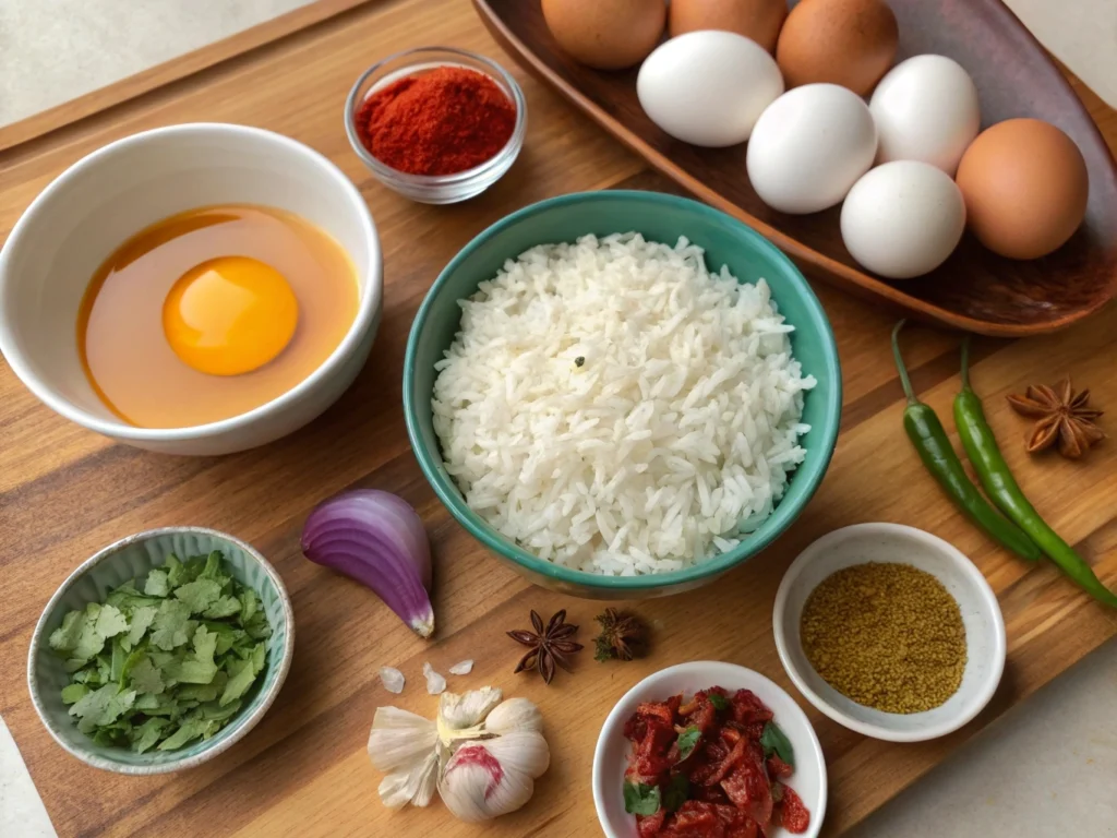 A collection of ingredients for Spicy Anjappar Egg Fried Rice including rice, eggs, vegetables, and spices.