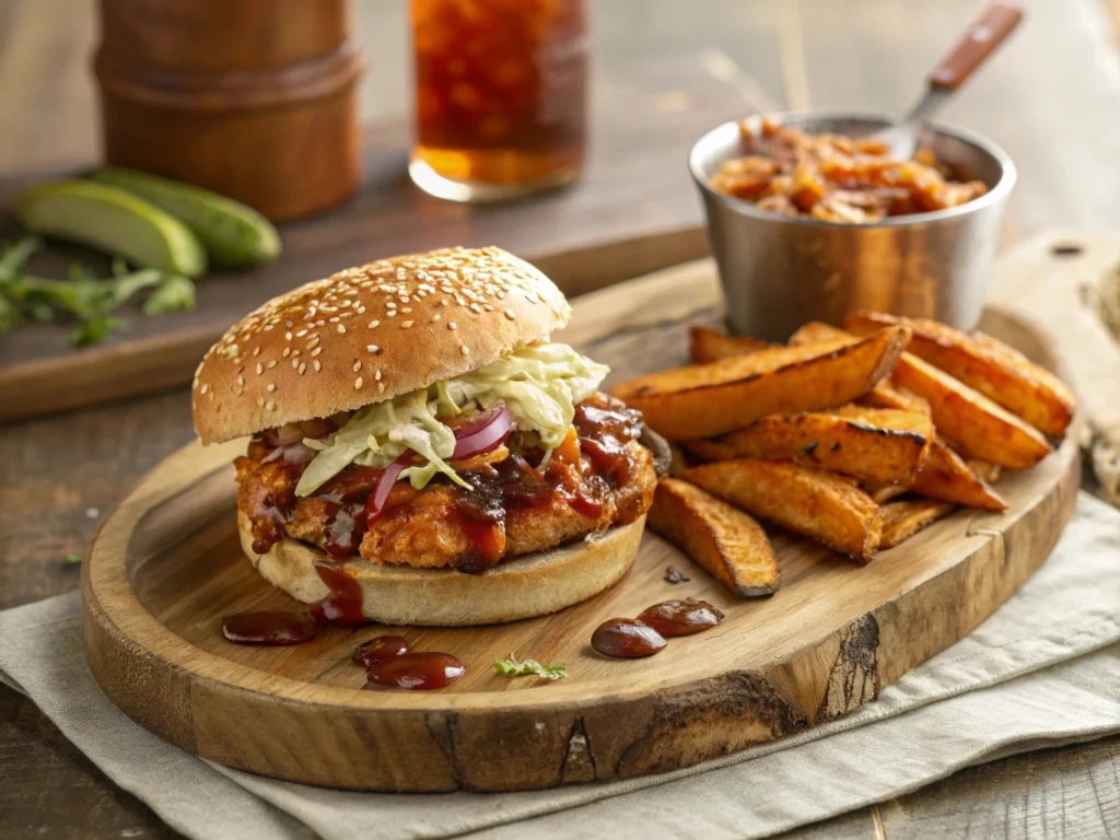 A mouthwatering BBQ chicken sandwich with tender grilled chicken, flavorful BBQ sauce, and fresh toppings on a soft bun.

