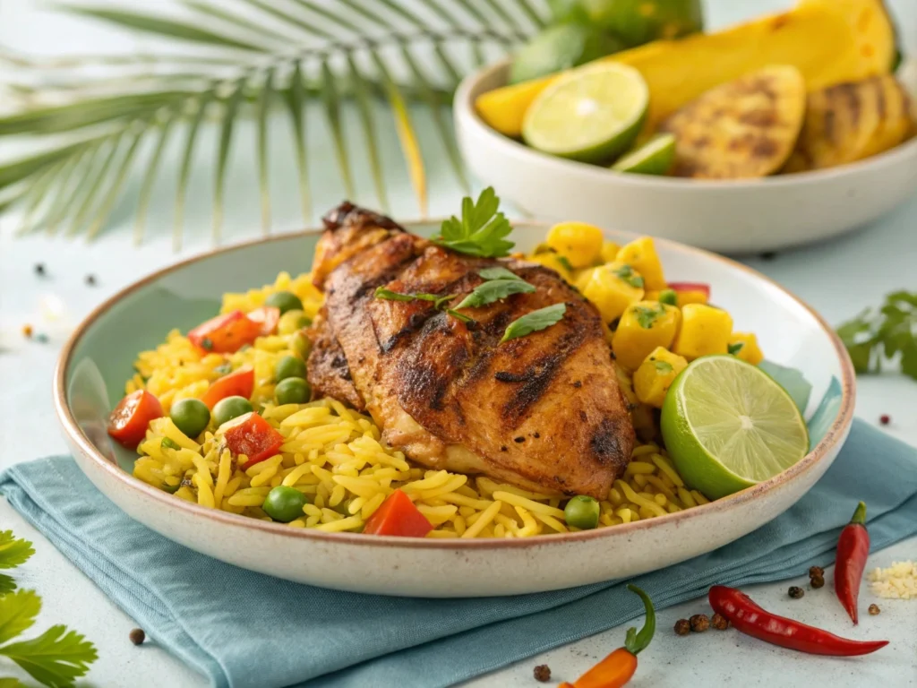 Caribbean-style chicken and yellow rice, served with vibrant vegetables and spices

