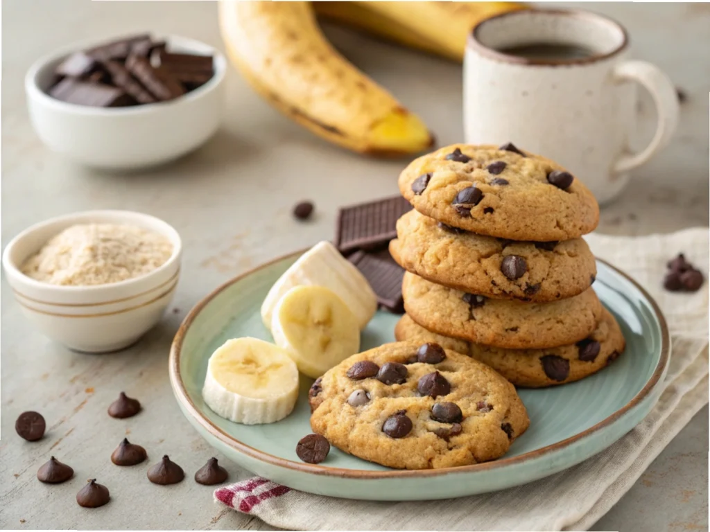 Banana bread cookies with chocolate chips, freshly baked